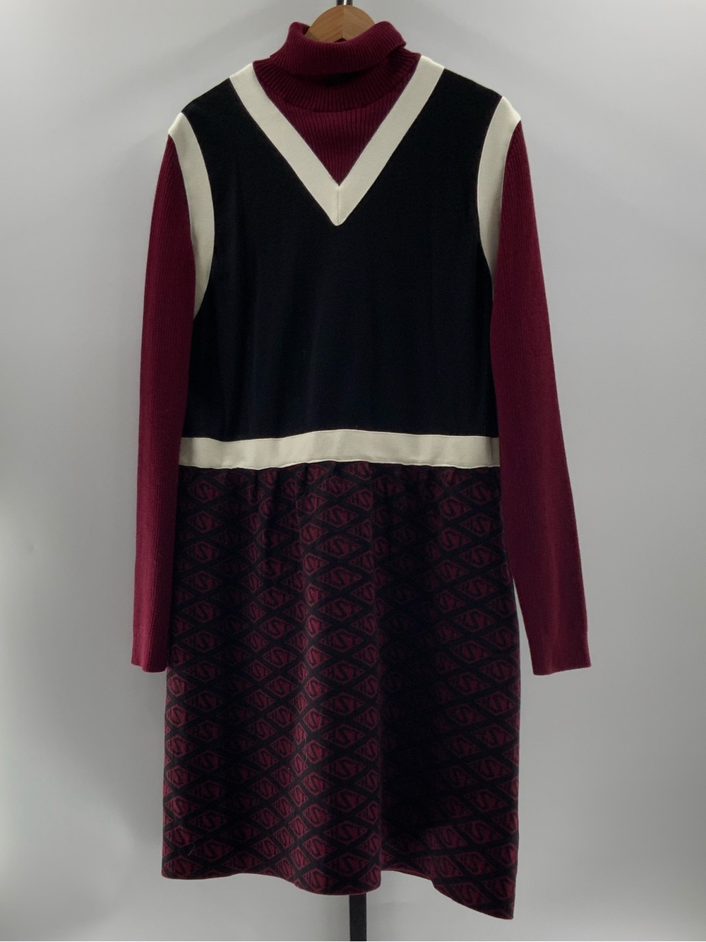 Tommy Hilfiger Burgundy, Black & Cream Long-Sleeve Turtleneck Dress